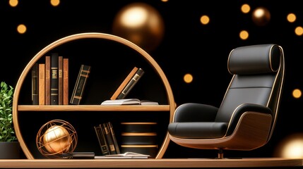 Elegant black leather armchair and round wooden bookcase shown