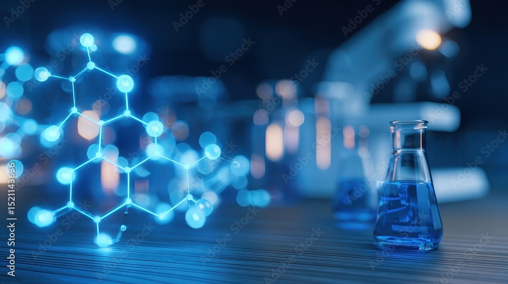 Poster blue liquid in glass flasks with molecular structure visualization in a laboratory setting