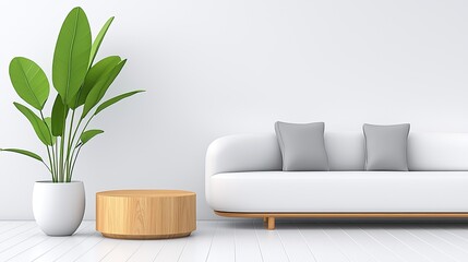 Bright minimalist living room with plant and white sofa