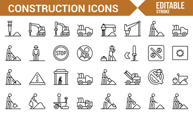 Simple Icons Representing Construction Machinery, Tools, and Safety Symbols