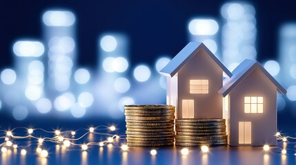 Houses sitting on stacks of coins against a city backdrop
