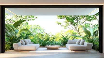 Modern patio with sofas and lush tropical garden view