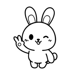 手を振るかわいいうさぎ – チビスタイルの線画アイコン

