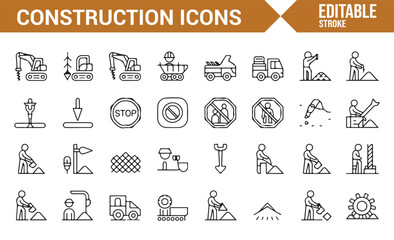 Set of Construction Icons Representing Tools, Machinery, and Safety Signs