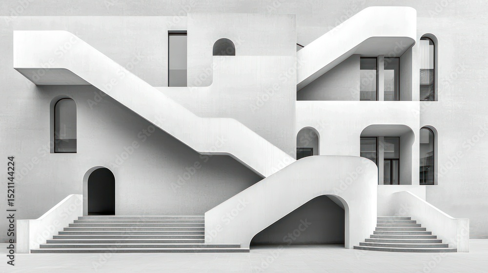 Poster white architectural structure with staircases and arched windows design