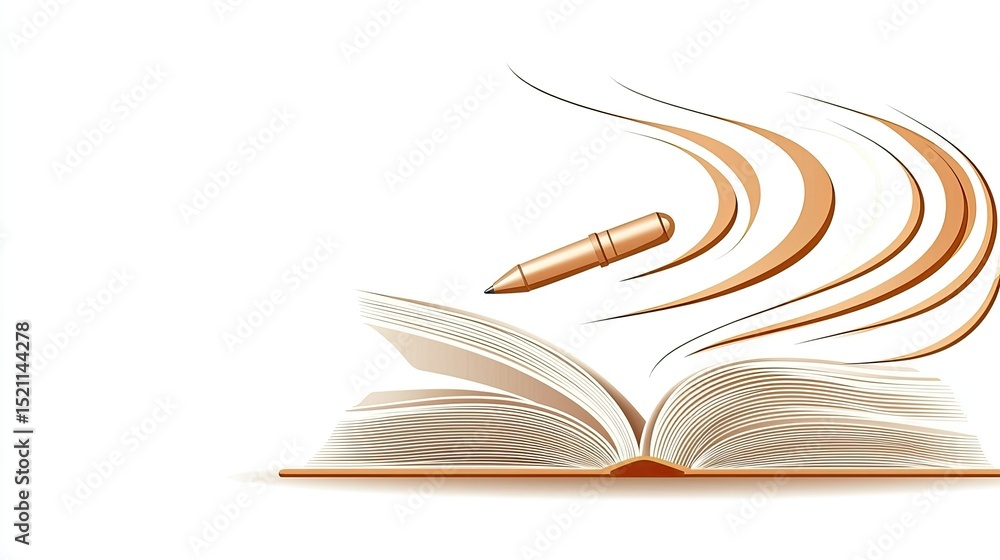 Poster pen hovers over an open book with curving lines