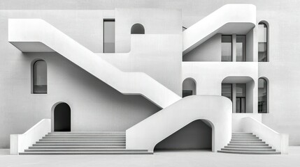 White architectural structure with staircases and arched windows design
