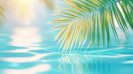 Palm frond hangs over glistening turquoise water surface