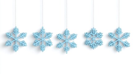 Five blue snowflake ornaments hang against a plain white background