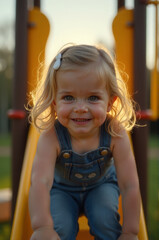 A young child sitting atop a bright yellow slide in a playground setting
