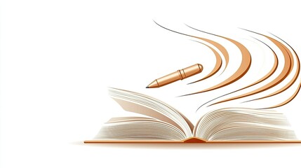 Pen hovers over an open book with curving lines