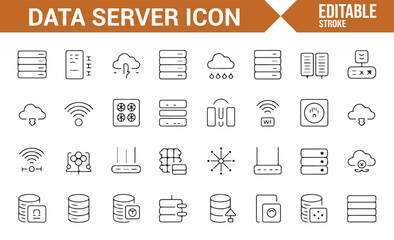 Set of Data Server Icons for Storage, Networking, and Cloud Services