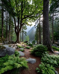 Obraz premium Peaceful woodland trail with sunlight burst high resolution picture