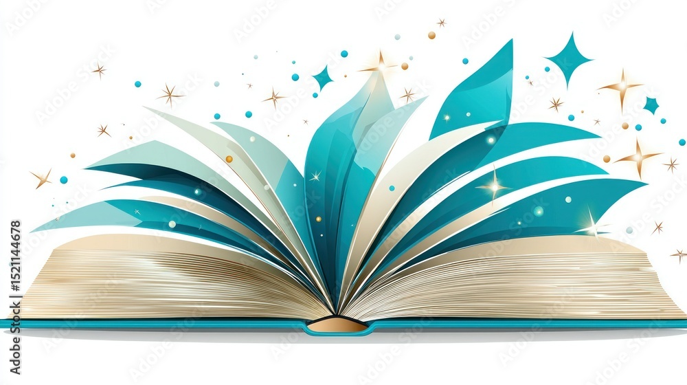 Poster open book with pages transforming into teal shapes and stars
