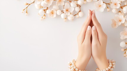 Woman presents delicate hands with manicure surrounded by floral decor