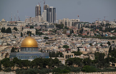 Jerusalem skyline taken from mount of olives towards the dome of the rock