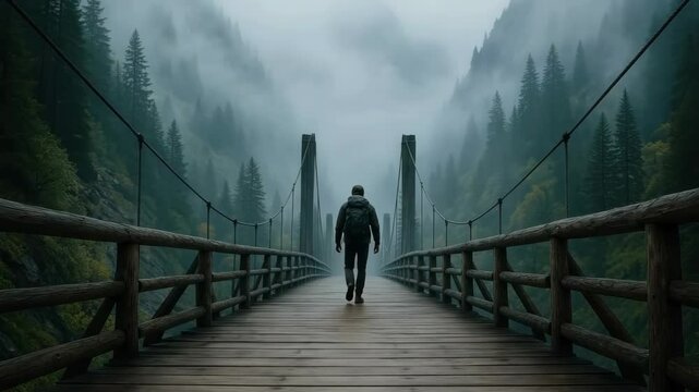 A person walks on a wooden bridge in a misty forest, captured from a rear angle. The video conveys a sense of adventure and solitude. Live desktop wallpaper.