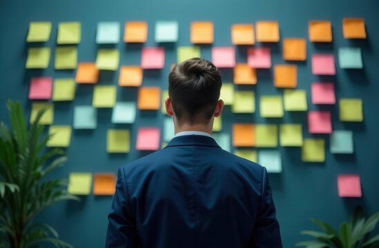 Male businessman stands with his back and looks at colorful sticky notes on board. Concept of brainstorming, decision making, choosing right option