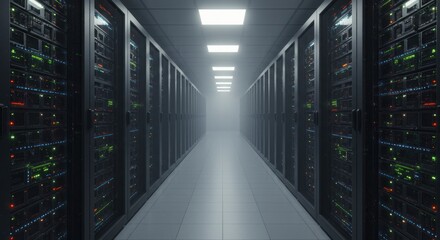 Futuristic server room with rows of illuminated servers, creating a high-tech atmosphere