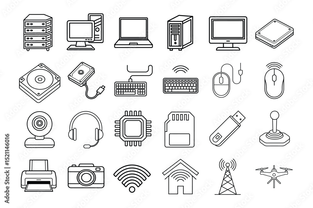 Poster a set of outlined icons representing various computer and technology equipment. it includes server t