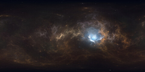 360 degree space nebula. Giant interstellar cloud with stars, equirectangular projection, environment map. Spherical panorama. 3D rendering, Fractal image