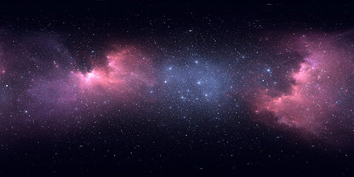 360 degree space nebula. Giant interstellar cloud with stars, equirectangular projection, environment map. Spherical panorama. 3D rendering, Fractal image