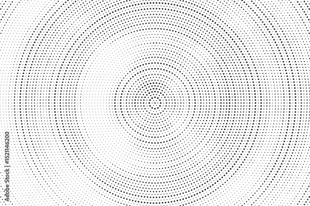 Poster Radial halftone gradient background. Dotted concentric texture with fading effect. Black and white circle shade wallpaper. Grunge rough vector. Monochrome backdrop