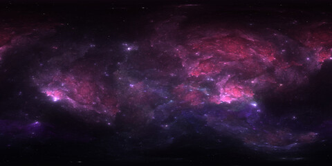 360 degree space nebula. Giant interstellar cloud with stars, equirectangular projection, environment map. Spherical panorama. 3D rendering, Fractal image