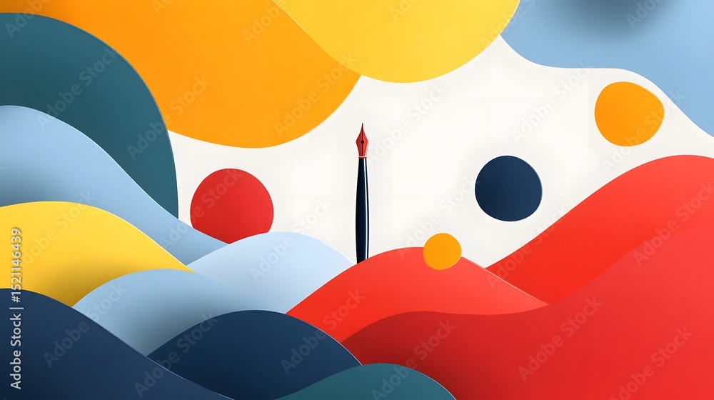 Aufkleber stylized pen nib icon surrounded by abstract waves and color blocks