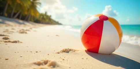 Obraz premium A vibrant beach ball bounces playfully on a sun-drenched summer sand, reflecting the bright sunlight Perfect for summer vacation, holiday, and fun themes , background, fun, vacation