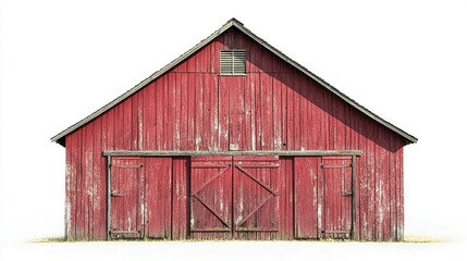 A weathered, red wooden barn with a gabled roof, double doors, and smaller side doors, sits against a white background.  The wood shows age and discoloration