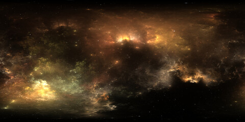 360 degree space nebula. Giant interstellar cloud with stars, equirectangular projection, environment map. Spherical panorama. 3D rendering, Fractal image
