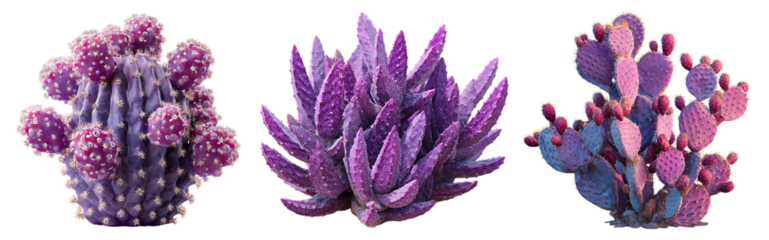 Trio of purple succulents, Mammillaria bocasana, Echeveria, and prickly pear.