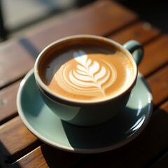 Latte Art in Cup on Wooden Table in Natural Light
