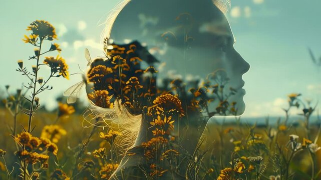 A captivating double exposure image featuring a girl&rsquo;s profile merged with vibrant wildflowers at golden hour. This artistic photograph beautifully captures nature's serenity and emotion.