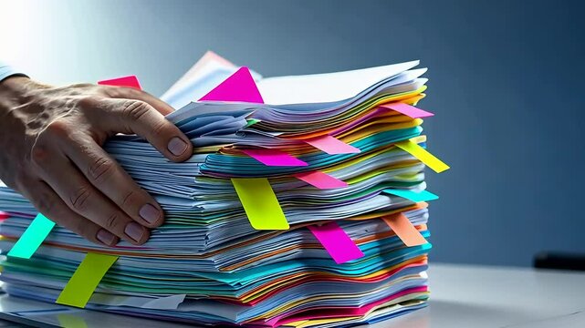 Hand Grabbing Tall Stack of Colorful Documents and Papers with Sticky Notes in Office Background