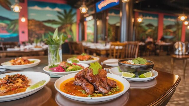 Variety of savory mexican cuisine dishes on table in colorful restaurant. Traditional food dining experience concept footage.