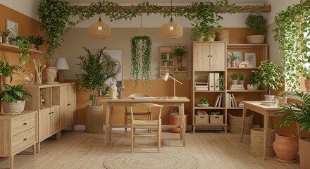 Fototapeta premium Serene Home Office with Natural Light, Lush Greenery, and Wooden Furniture