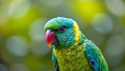 Naklejka premium Vibrant Green Parrot Bird Close Up Vivid Feathers Tropical Wildlife Detailed Portrait