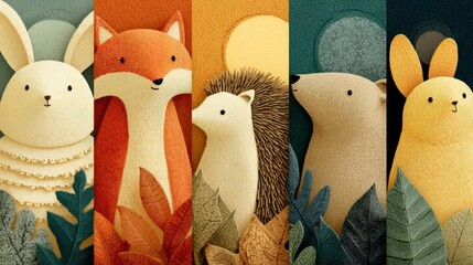 Fox and forest friends set: bunny, hedgehog, fox in pastel circle icons