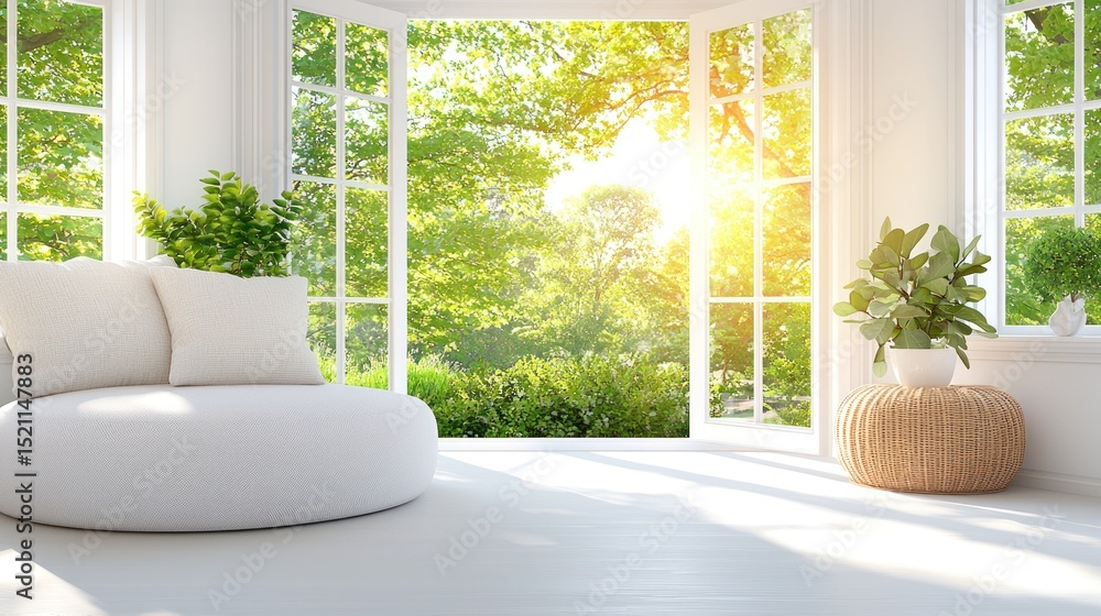 Poster bright and airy room showcases a window with a garden view