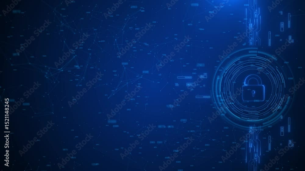 Poster digital cybersecurity protection encrypted data cybersecurity, padlock data protection, cyber threat