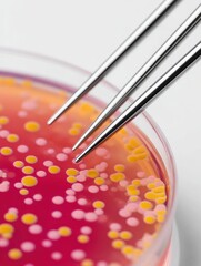 Close-up of laboratory tweezers picking colorful bacterial colonies in a petri dish