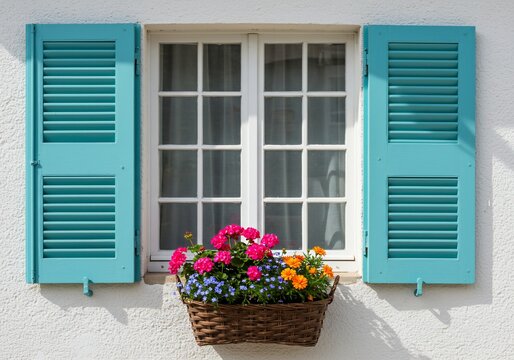 Window with blue shutters and flowers in basket on a white wall for decoration - Powered by Adobe