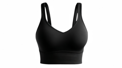 Black sports bra mockup featuring shoulder straps, perfect for displaying activewear designs or fitness branding against a transparent background for versatile integration