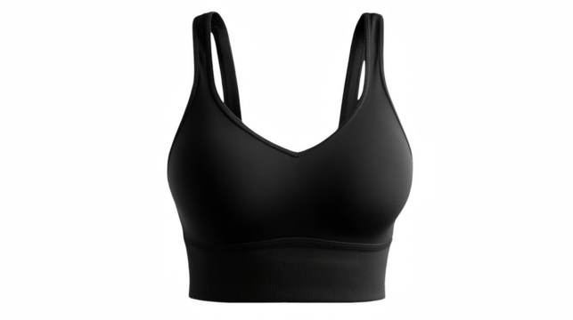 Black sports bra mockup featuring shoulder straps, perfect for displaying activewear designs or fitness branding against a transparent background for versatile integration