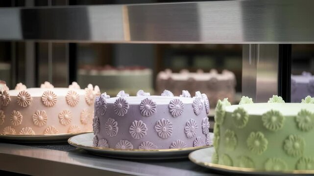Row of colorful cakes in a display case. Freshly baked dessert for a celebration. Assortment of pastel sweets in a bakery exhibit.