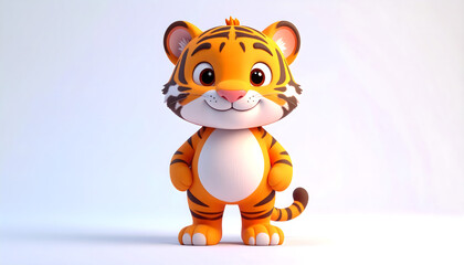 Adorable 3D Cartoon Tiger Cub Standing, Happy Expression, White Background