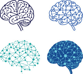 Brain Symbol Set Featuring Four Unique Designs: A Classic Bold Outline with Internal Structures, A Network of Interconnected Nodes, A Lighter Blue Version with Intricate Patterns, and A Dense Neural 