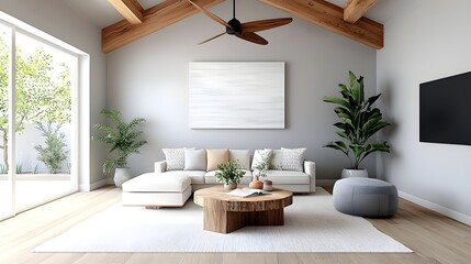 Farmhouse inspired living room with natural textures and muted tones